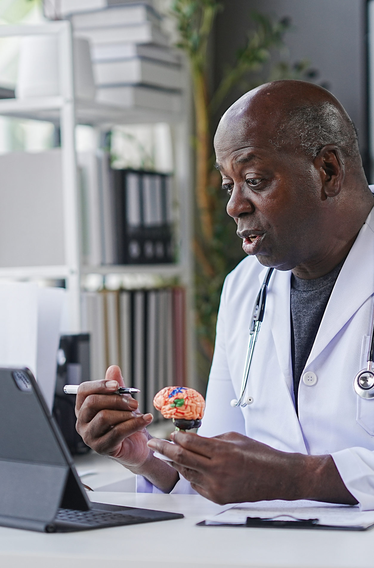 Doctor explaining anatomy using a model and tablet